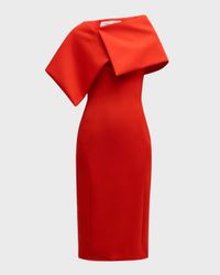 Foldover-Neck Bonded Wool Tailoring Midi Dress
