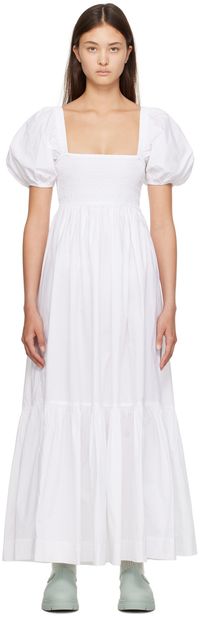 GANNI White Smocked Maxi Dress