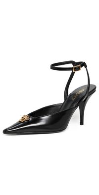 Versace T.85 Calf Leather Sling Back Pumps 1B00V-Black-Versace Gold 38