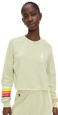 Aviator Nation Bolt Rugby Stitch Cropped Crew Sweatshirt Lime Cream/White Neon XS
