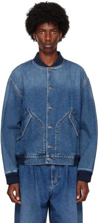 Moschino Blue Barcode Patch Denim Bomber Jacket