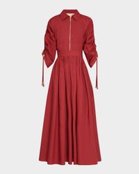 Ruched-Sleeve Poplin Midi Shirtdress