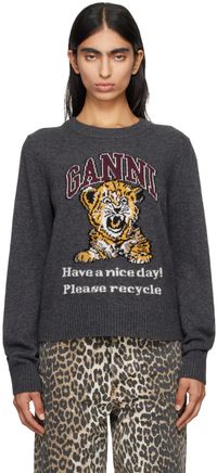 GANNI Pull gris à image de tigre