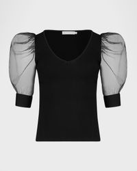 Aerial Sheer Puff-Sleeve V-Neck T-Shirt