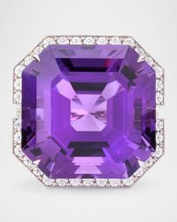 18K White Gold Amethyst Ring with Diamonds, Size 6