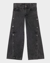 Girl's Side-Button Wide-Leg Denim Pants, Size 4-6