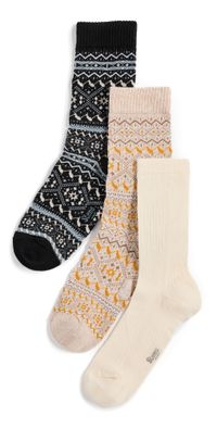 Stems Snowflake Cashmere Socks Gift Box of Three Camel/Black/Ivory One Size