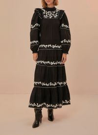 Farm Rio - Robe longue en coton brodé - Taille L - Noir