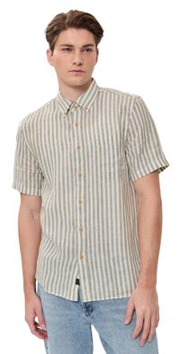 Faherty Laguna Linen Shirt Green Hill Stripe L