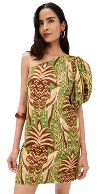 FARM Rio One Shoulder Buttoned Mini Dress Pineapple Tapestry Green L