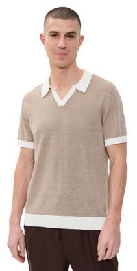 Onia Linen Johnny Collar Polo Sweater Tan/White M