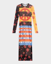 Long-Sleeve Printed Mesh Maxi Dress