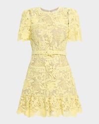 Belted Floral Lace Flounce Mini Dress