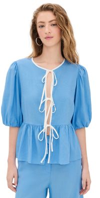 Dress To Tie Front Blouse Aura Blue/Offwht S