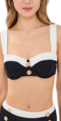 L'AGENCE Alexandria Colorblock Chic Structured Bra Top with Gold Buttons Black XL