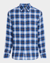 Men's Linen Madras Check Casual Button-Down Shirt