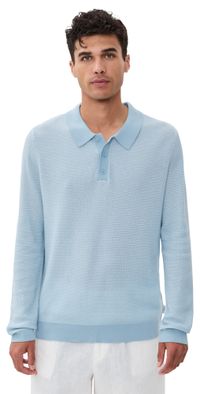 Onia Cotton Textured Knit Long Sleeve Polo Pale Blue S