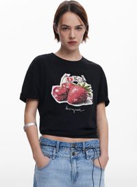 Desigual - Tee-shirt col rond imprimé en coton - Taille XL - Noir