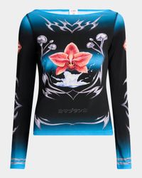 Blades-Print Slinky Jersey Long-Sleeve Blouse