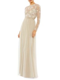 Women's Sequin-Embellished Long-Sleeve Gown - Vanilla - Size 24