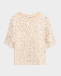 Wool-Cashmere Sequined Open-Knit Short-Sleeve Sweater