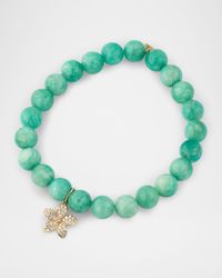 14K Yellow Gold Plumeria Charm and Russian Amazonite Bead Bracelet
