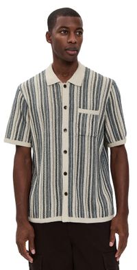 Faherty Short Sleeve Sweater Shirt Iron Mountain Stripe M