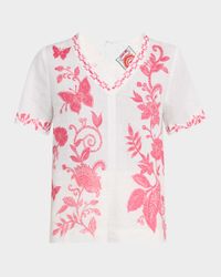 Embroidered Floral-Print Linen Blouse