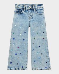Girl's Bejeweled Wide-Leg Denim Jeans, Size 2-6