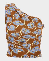 Poppies-Print Crepe Jersey One-Shoulder Crop Blouse