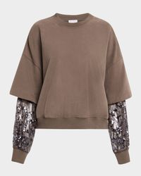 Crewneck Top with Sheer Sequined Raindrop Sleeves