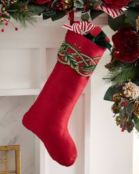 Beaded Holly Leaves Classic Christmas Stocking