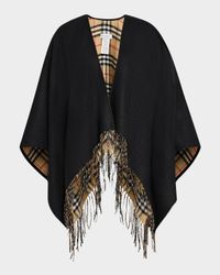 Vintage-Style Check Fringed Wool Cape
