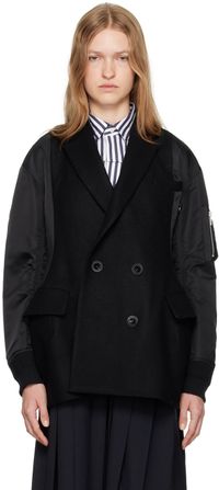 sacai Black Wool Melton & Nylon Twill Quilted Coat