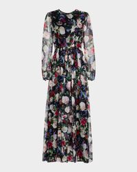 Paravicini Floral Long-Sleeve Silk Chiffon Maxi Dress
