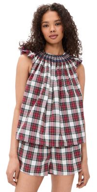 Folkloore Smocked Short Pajama Set Cotton White Tartan M