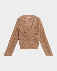 Openwork Braided Paillette Linen V-Neck Sweater