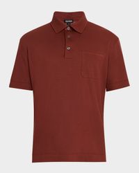 Men's Cotton Polo Shirt with Leather-Trim Pocket