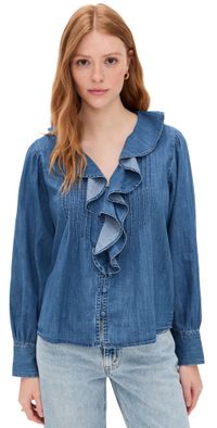 Madewell Denim Ruffled Pintuck Top Lambertville Wash S