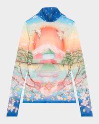 Mock-Neck Printed Mesh Long-Sleeve Top