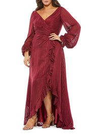 Women's Plus Size Ruffle-Trim Sheer Wrap Gown - Burgundy - Size 14