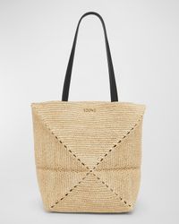 x Paula's Ibiza Medium Puzzle Fold Tote Bag in Raffia with Leather Handles