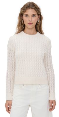White & Warren Cashmere Cable Shrunken Crew Sweater Soft White L