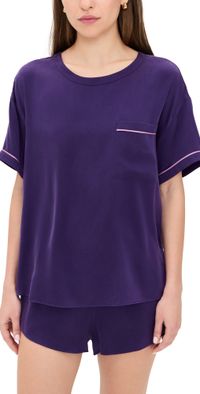 Lunya Washable Silk Piped Tee Shorts Set Flying Fig/Lilac Haze L