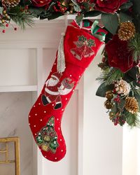 Beaded Santa and Tree Velvet Christmas Stocking