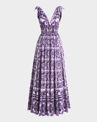 Majolica-Print V-Neck Tie Popline Maxi Dress