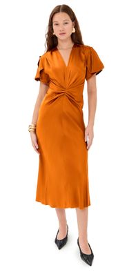 Victoria Beckham Gathered V Neck Midi Dress Bronze 12
