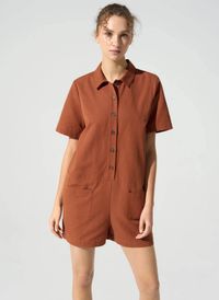 Acote - Combi short col chemise en coton mélaangé - Taille 3 - Marron
