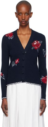 Thom Browne Navy Wool Brushed Rose Cardigan