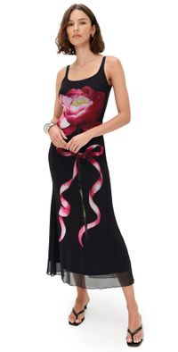 Another Girl Digital Flower Print Mesh Midi Dress Black L